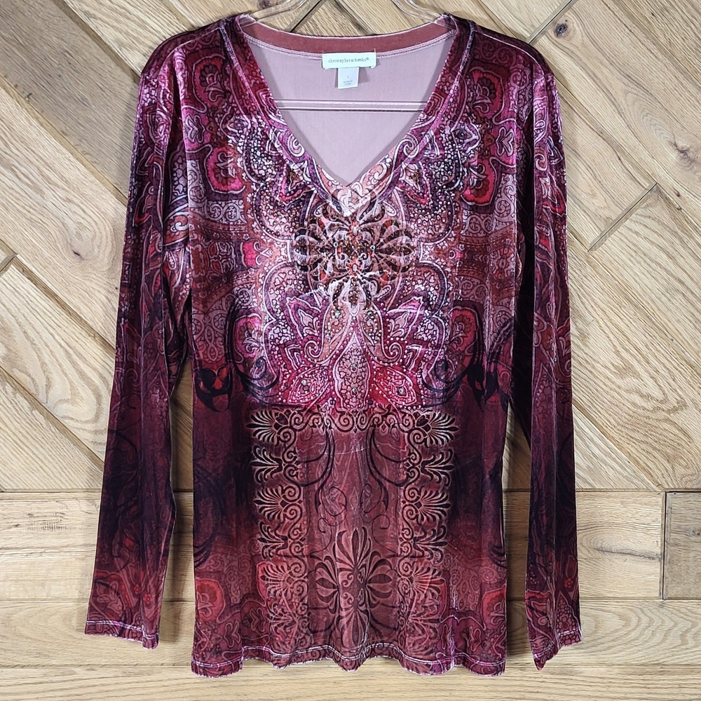 Christopher & Banks Velvet Burnout Top Women Large Paisley Embellished Burgundy